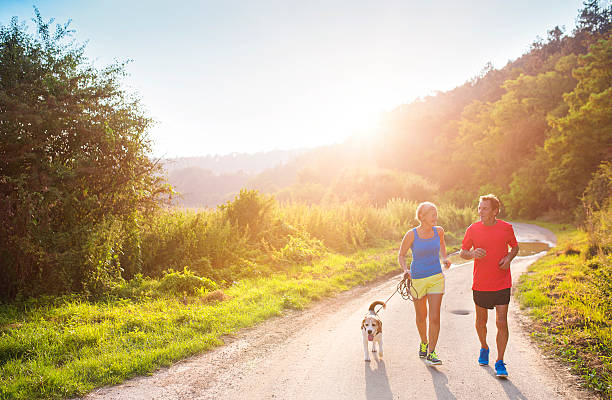 Senior couple running Active seniors running with their dog outside in green nature active seniors summer stock pictures, royalty-free photos & images