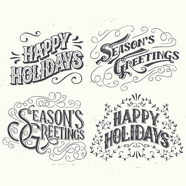 Happy Holidays hand drawn typographic headlines Happy Holidays. Hand drawn typography headlines set for greeting cards in vintage style non western script stock illustrations