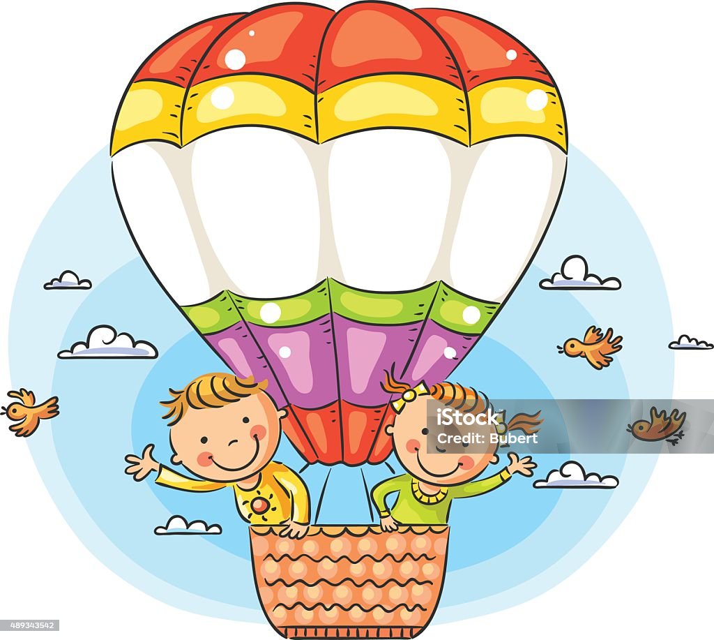 Ilustración de Niños Felices De Dibujos Animados Que Viajan Por Avión y más  Vectores Libres de Derechos de Globo aerostático - iStock
