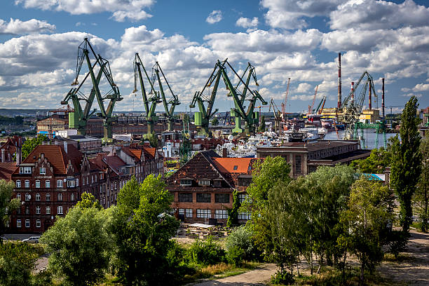 Gdansk Shipyard Aerial View, Poland Gdansk shipyard aerial view, cradle of "Solidarity", Poland  solidarity labor union stock pictures, royalty-free photos & images