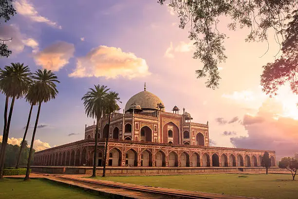 View of Humayun’s Tomb at Sunrise. Humayun’s Tomb is fine example of Great Mughal architecture, UNESCO World Heritage, Delhi, India.