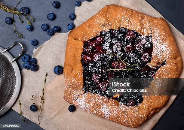 Berry Galette With Blueberries Honey And Thyme Stock Photo - Download Image Now - 2015, Autumn, Baked Pastry Item