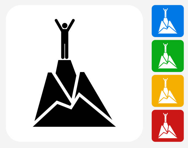 Top of the Mountain Icon Flat Graphic Design Top of the Mountain Icon. This 100% royalty free vector illustration features the main icon pictured in black inside a white square. The alternative color options in blue, green, yellow and red are on the right of the icon and are arranged in a vertical column. climbing up a hill stock illustrations