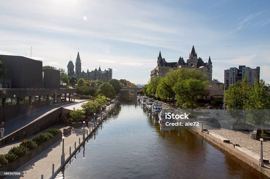 Canada - Ottawa - Rideau Canal Parliament Building with Peace Tower on Parliament Hill and the Rideau Canal in Ottawa,Canada 2015 Stock Photo