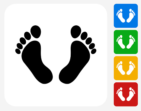 Footprints Icon. This 100% royalty free vector illustration features the main icon pictured in black inside a white square. The alternative color options in blue, green, yellow and red are on the right of the icon and are arranged in a vertical column.