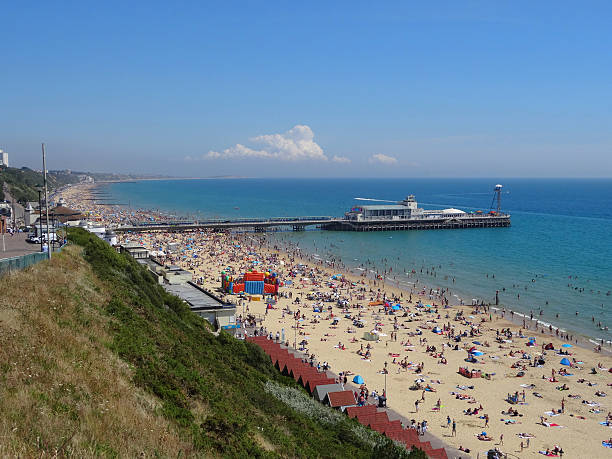 istock Image of Bournemouth beach in summer with sunbathers, seafront, cliffs 489348198