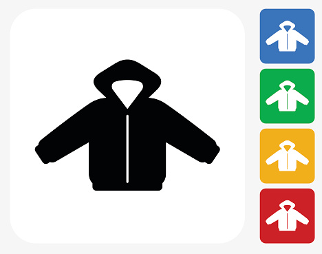 Jacket Icon. This 100% royalty free vector illustration features the main icon pictured in black inside a white square. The alternative color options in blue, green, yellow and red are on the right of the icon and are arranged in a vertical column.