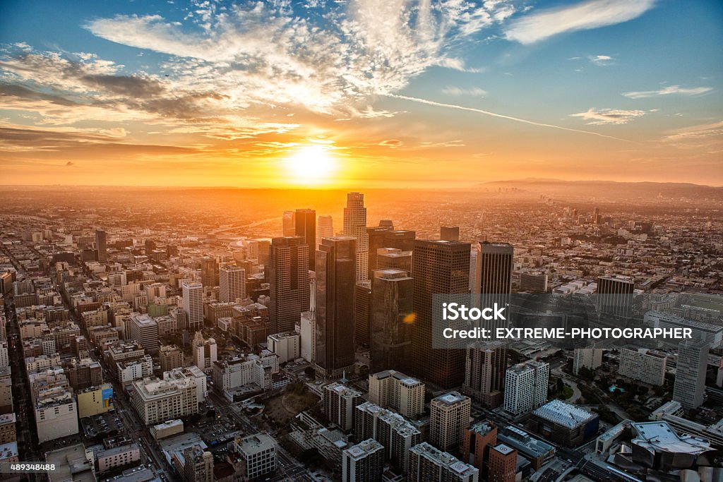 The Golden Hour Landscape view of Los Angeles during the Golden Hour, the most beautiful sunset. Helicopter point of view with many details on image. City Of Los Angeles Stock Photo