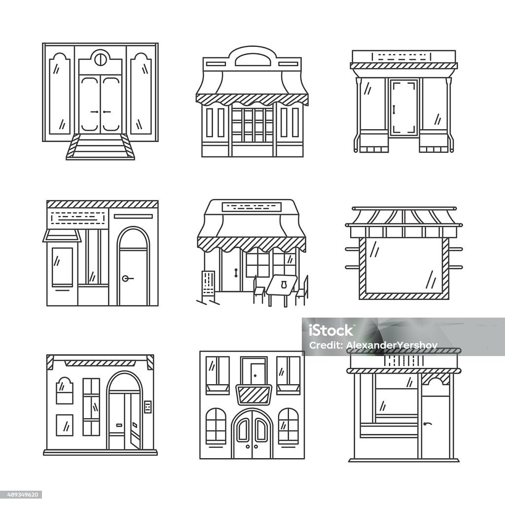 Linear vector icons for storefronts Set of stylish flat line design vector icons for commercial buildings facade. Showcase and storefronts. Elements of web design for business and site. 2015 stock vector