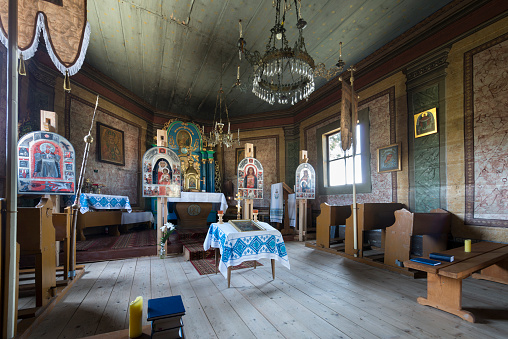Old wooden orthodox church interior in small village, Sudety, Nowica, Poland