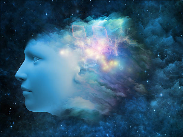 Mind Metaphor Colorful Mind series. Composition of  human head and fractal colors to serve as a supporting backdrop for projects on mind, dreams, thinking, consciousness and imagination human eye nebula star space stock pictures, royalty-free photos & images