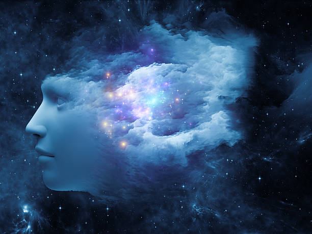 Cloud Mind Universal Mind series. Abstract composition of human head and fractal clouds suitable as element in projects related to mind, dreams, thinking, consciousness and imagination human eye nebula star space stock pictures, royalty-free photos & images