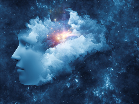 Universal Mind series. Visually pleasing composition of human head and fractal clouds to serve as  background in works on mind, dreams, thinking, consciousness and imagination