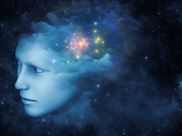 Thought Cloud Universal Mind series. Visually pleasing composition of human head and fractal clouds to serve as  background in works on mind, dreams, thinking, consciousness and imagination human eye nebula star space stock pictures, royalty-free photos & images