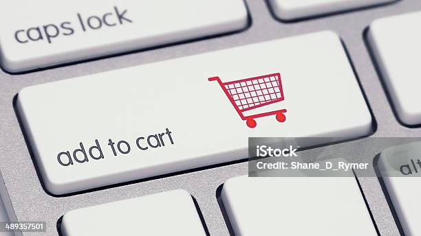 Add To Cart Keyboard Button With Red Shopping Cart Stock Photo - Download Image Now - Store, Accessibility, Achievement