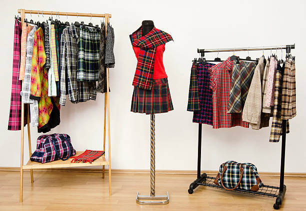 Colorful wardrobe with tartan clothes and accessories.