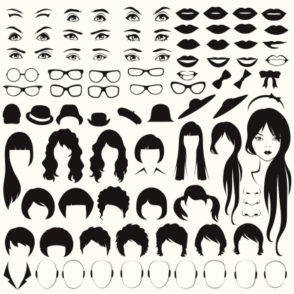 eye, glasses, hat, lips and hair, woman face parts, head character