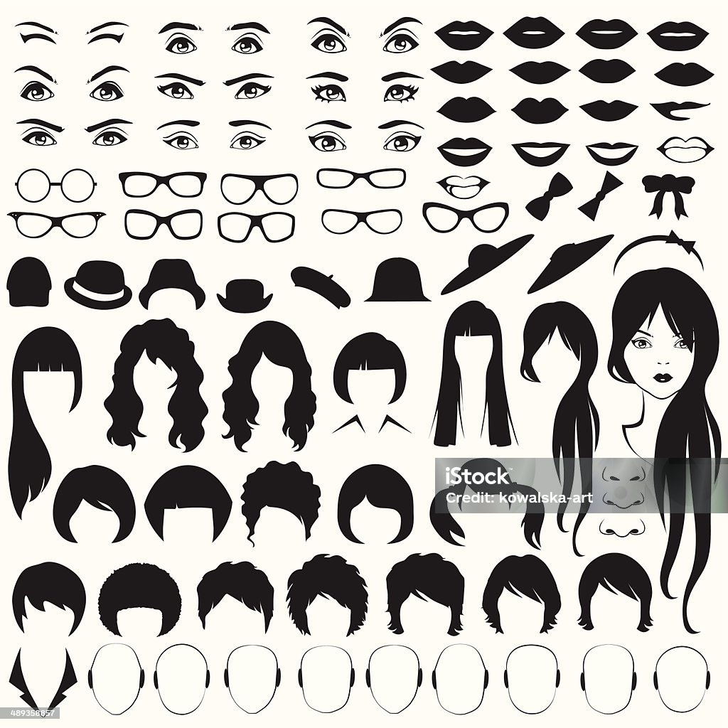 woman face parts eye, glasses, hat, lips and hair, woman face parts, head character Women stock vector
