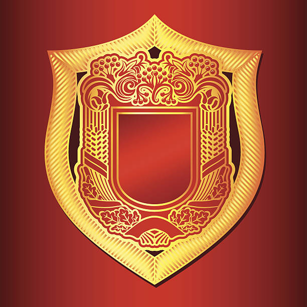 레드 heraldic 막다 - lion coat of arms shield backgrounds stock illustrations