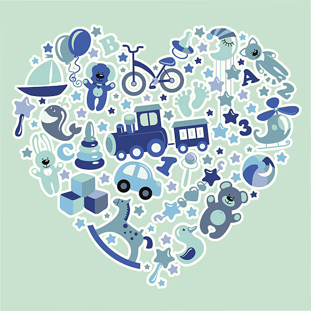 illustrations, cliparts, dessins animés et icônes de icônes de jouets de bébé garçon en bleu couleurs cœur, - geometric shape block cube backgrounds