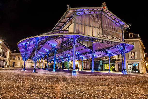 Chartres,France,August 30, 2013: Night image of the vegetables market in Chartres, France during the yearly night illumination festival which take place there.