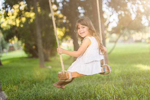 istock Little girl having fun on a swing outdoor 489375302