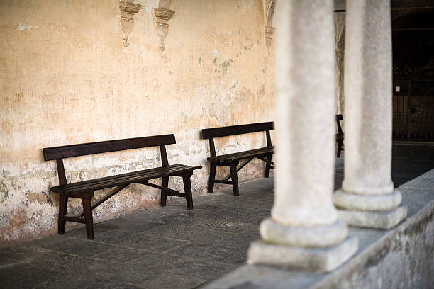istock Antique Italian monastery (circa 1500-1600) architecture: wood benches 489375676