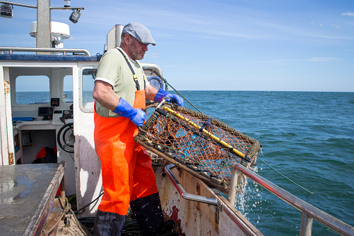 A happy fisherman holds his lobster pot over the side of his boat ready to throw it out into the sea. He is wearing bright orange overalls and blue gloves to protect himself.