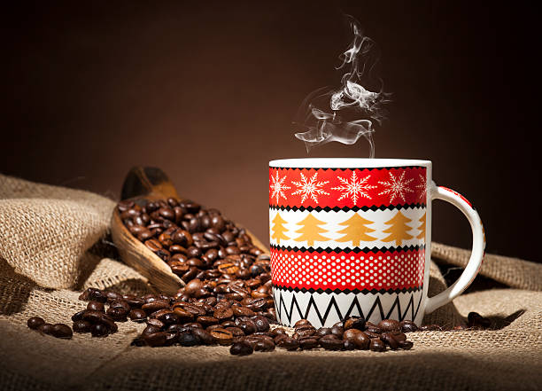 christmas cup with coffee beans on dark background - julfika bildbanksfoton och bilder