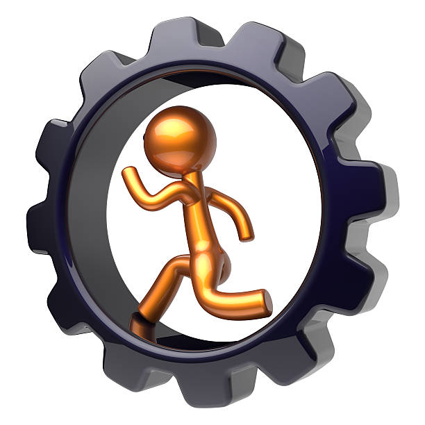 istock Man character running inside gearwheel businessman concept 489378414