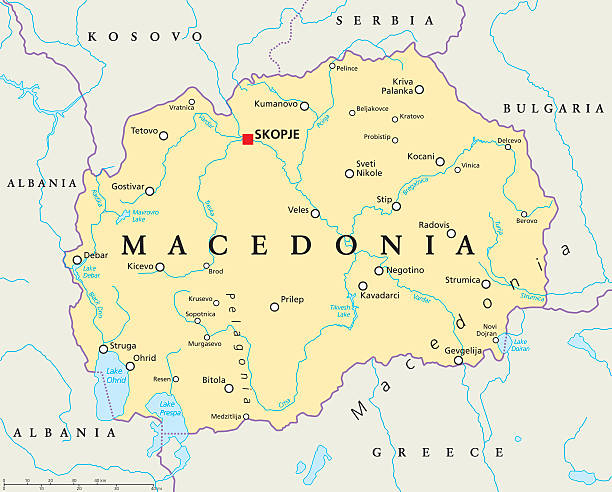 Macedonia Political Map Macedonia political map with capital Skopje, national borders, important cities, rivers and lakes. English labeling and scaling. Illustration. tetovo stock illustrations