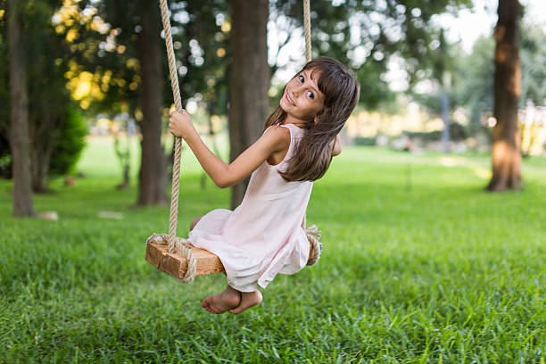 istock Little girl having fun on a swing outdoor 489380792