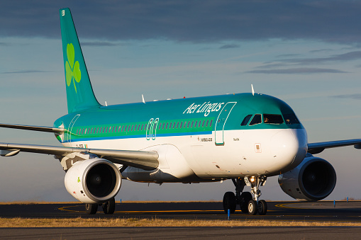 Prague, Czech Republic - January  07, 2014:    A320 Aer Lingus taxis to terminal in PRG  Airport.