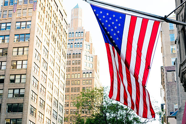 istock US flag, New York city 489385596