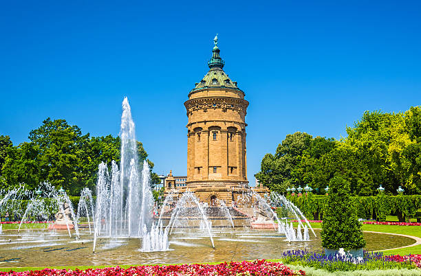 Fountain and Water Tower on Friedrichsplatz square in Mannheim - Fountain and Water Tower on Friedrichsplatz square in Mannheim - Germany mannheim photos stock pictures, royalty-free photos & images