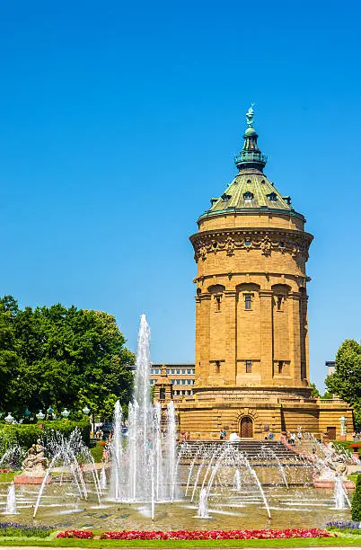 Fountain and Water Tower on Friedrichsplatz square in Mannheim - Germany