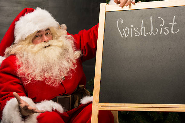 Santa Claus sitting near chalkboard