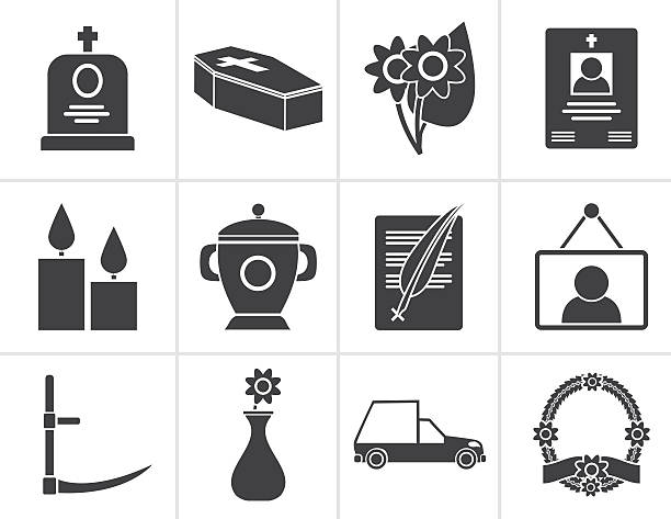 Black funeral and burial icons Black funeral and burial icons - vector icon set hearse photos stock illustrations