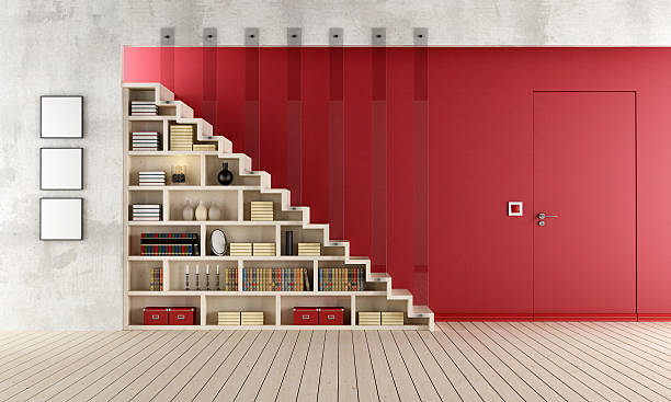istock Red Living room with wooden staircase 489426493