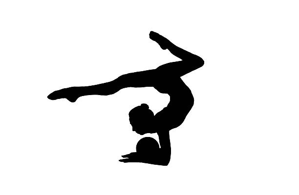 silhouette Flexible young gymnast doing exercises with a ball on a white background