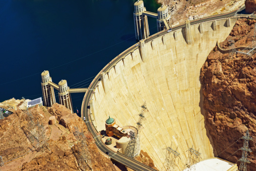 View of the Hoover Dam and Lake Mead from a helicopter.