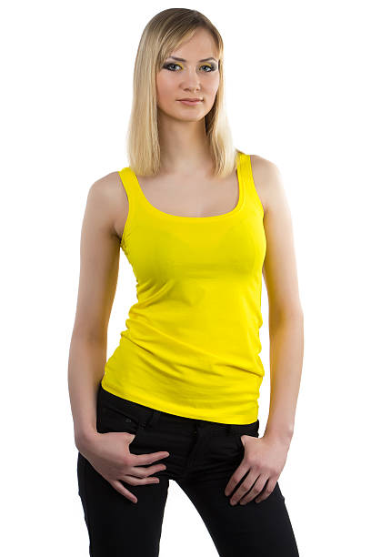 istock Young woman with yellow makeup standing 489427433