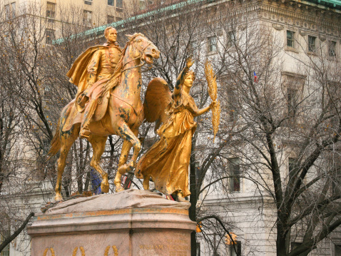 New York, NY, USA - December 28, 2007: Sculpture of General William Sherman. It was designed by sculptor Augustus St.Gaudens and erected in 1903. The statue is located at Grand Army Plaza at the southeast entrance of the Central Park.