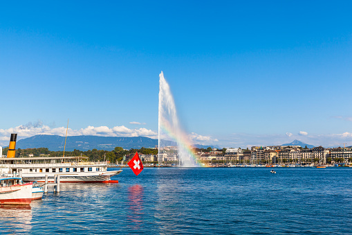 Water jet fountain with rainbow in Geneva