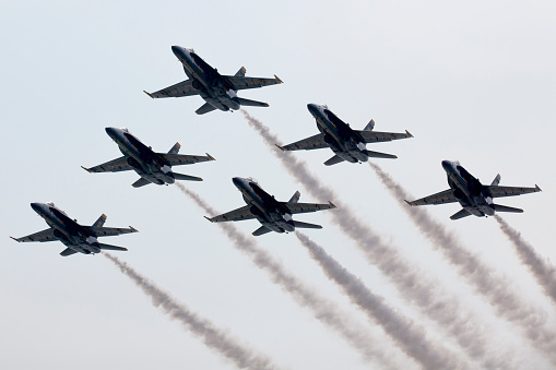 Atlantic City, New Jersey, USA - September 2, 2015: US Navy Blue Angels squadron flying preforming precision aerial maneuvers at the Atlantic City Airshow in New Jersey