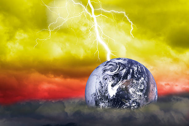 abstract Scientific background(Earth Elements of this image furn abstract Scientific background - big lightning hits planet Earth in dark dramatic sky(Earth Elements of this image furnished by NASA) nostradamus stock pictures, royalty-free photos & images