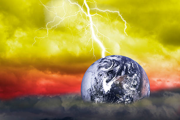 abstract Scientific background(Earth Elements of this image furn abstract Scientific background - big lightning hits planet Earth in dark dramatic sky(Earth Elements of this image furnished by NASA) horror world stock pictures, royalty-free photos & images