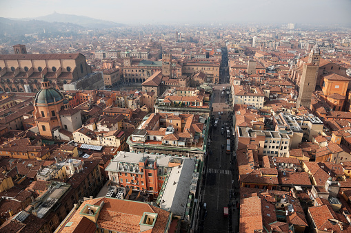 Aerial view of Bologna, Italy on sunny winter day.