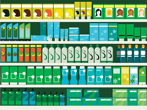 Hair and beauty Pharmacy aisle in the supermarket, shelves filled with hair and beauty products, ESP 8 vector illustration women beauty hair dye stock illustrations