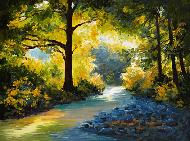 istock Oil Painting - summer forest, meadow with violets 489432513
